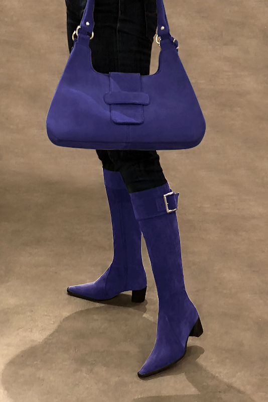 Violet purple women's feminine knee-high boots. Tapered toe. Medium block heels. Made to measure. Worn view - Florence KOOIJMAN